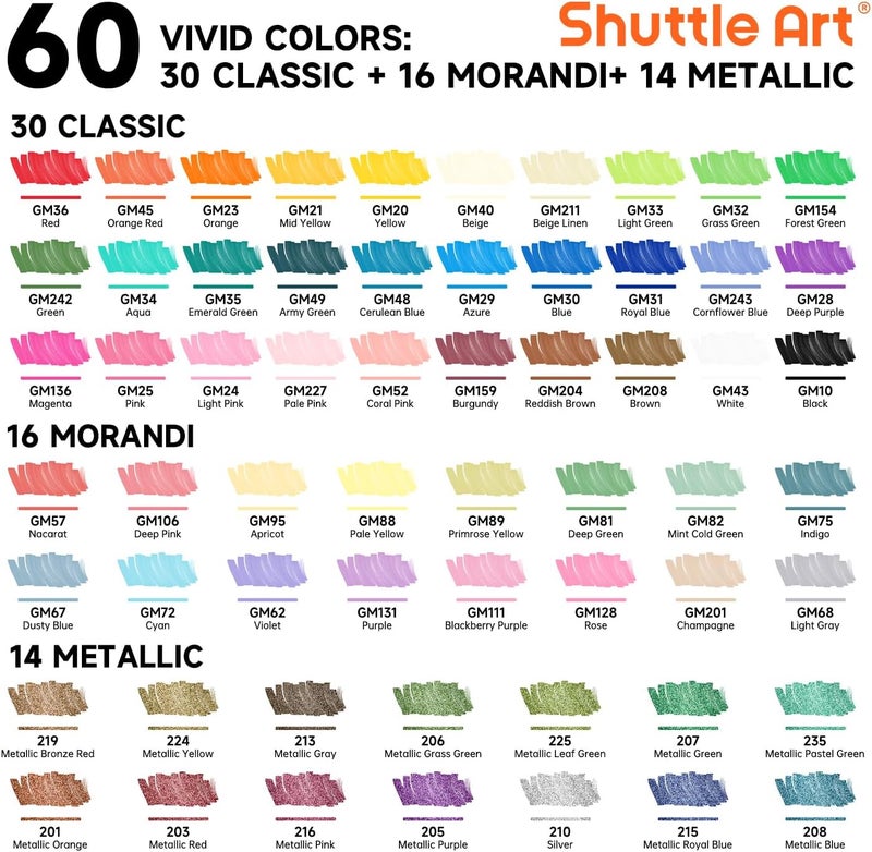 Shuttle Art Markers طلاء أكريليك مزدوجة الطرف بـ 60 لون، أقلام طلاء أكريليك بطرف فرشاة وطرف دقيق للصخور، السيراميك، الخشب، القماش، البلاستيك، الزجاج، الحجر، الخط، صناعة البطاقات، الحرف والفن على الأظافر - Image 2